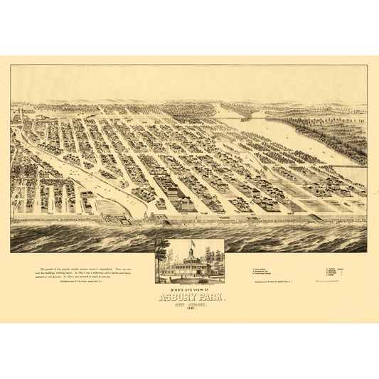 Historic Panoramic View - Asbury Park New Jersey - Fowler 1881 - 32.53 x 23 - Vintage Wall Art