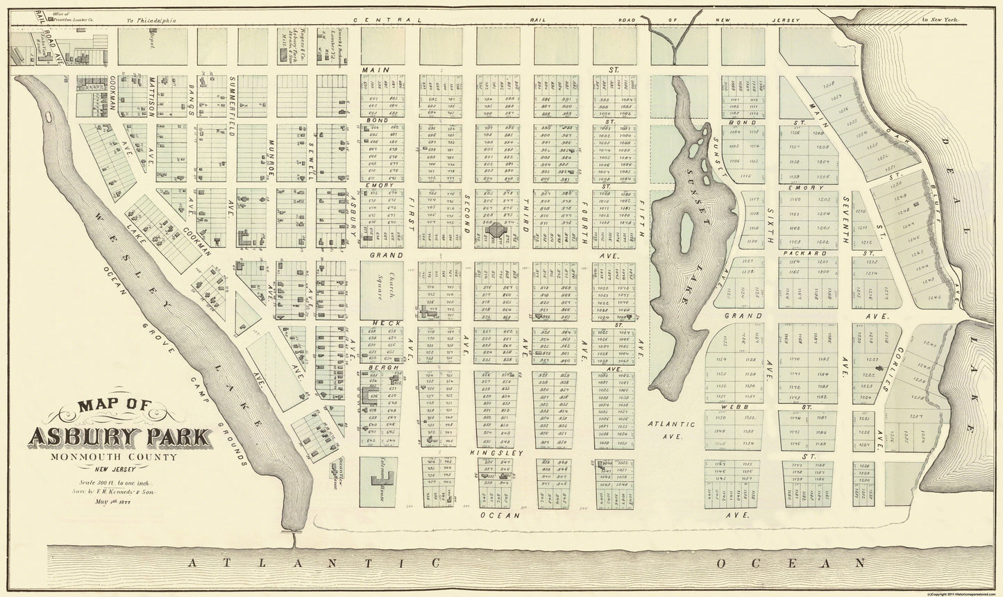 Historic City Map - Asbury Park New Jersey - Kennedy 1877 - 38.63 x 23 - Vintage Wall Art