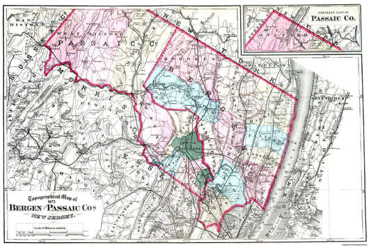 Historic County Map - Bergen Passaic Counties New Jersey - Beers 1872 - 34.56 x 23 - Vintage Wall Art