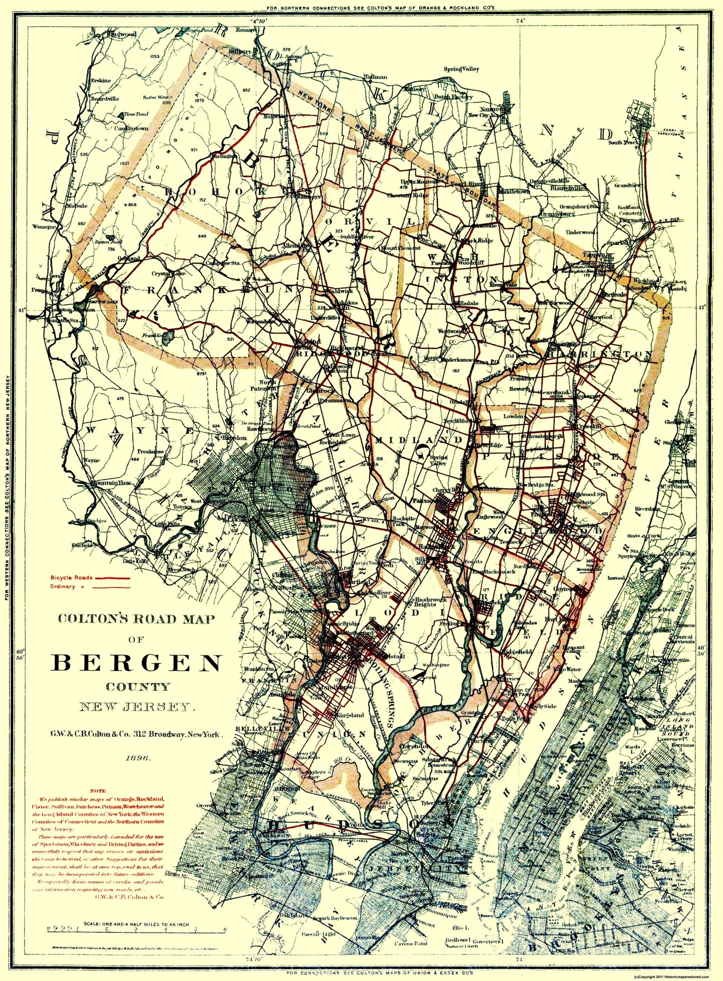 Historic County Map - Bergen County New Jersey - Colton 1896 - 23 x 31.19 - Vintage Wall Art