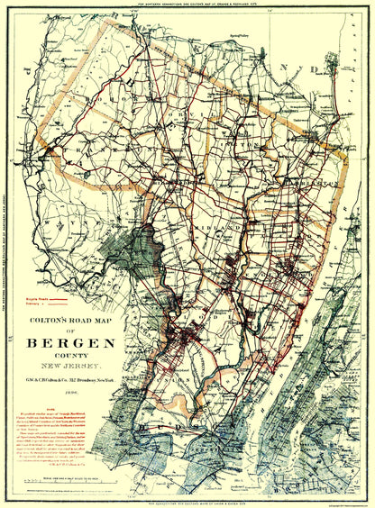 Historic County Map - Bergen County New Jersey - Colton 1896 - 23 x 31.19 - Vintage Wall Art