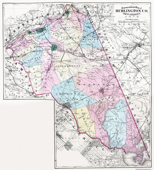 Historic County Map - Burlington County New Jersey - Beers 1872 - 23 x 25.38 - Vintage Wall Art