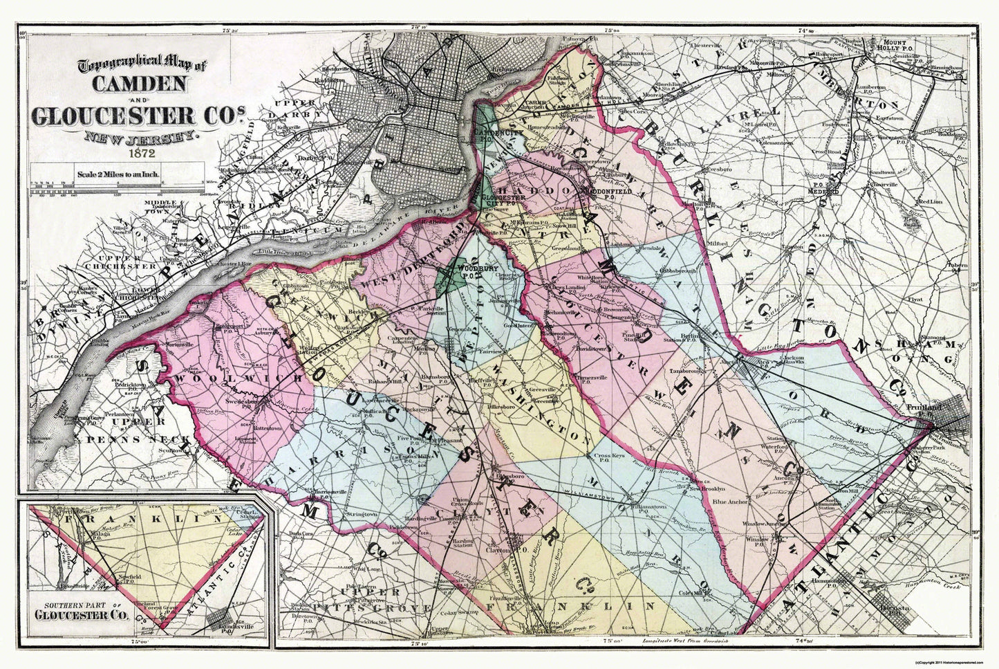 Historic County Map - Camden Gloucester Counties New Jersey - Beers 1872 - 34.38 x 23 - Vintage Wall Art