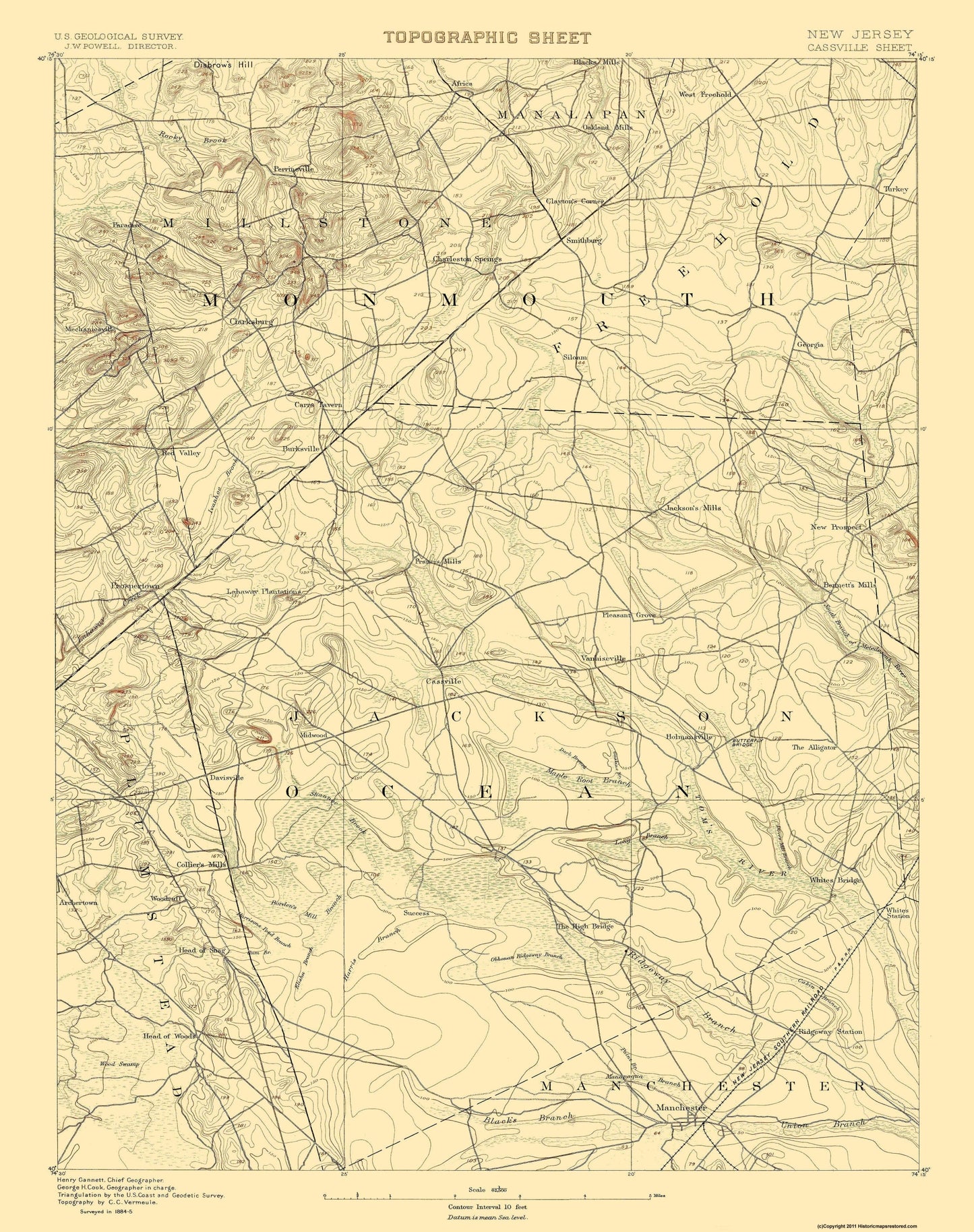 Topographical Map - Cassville New Jersey Quad - USGS 1885 - 23 x 29.10 - Vintage Wall Art