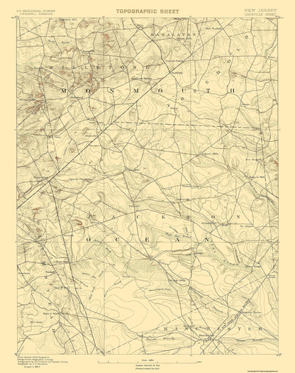 Topographical Map - Cassville New Jersey Quad - USGS 1885 - 23 x 29.10 - Vintage Wall Art