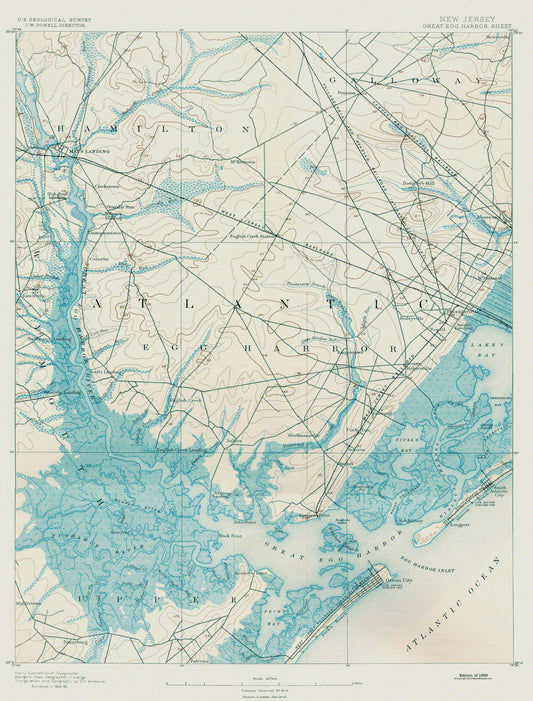 Topographical Map - Great Egg Harbor New Jersey Quad - USGS 1890 - 23 x 30.27 - Vintage Wall Art