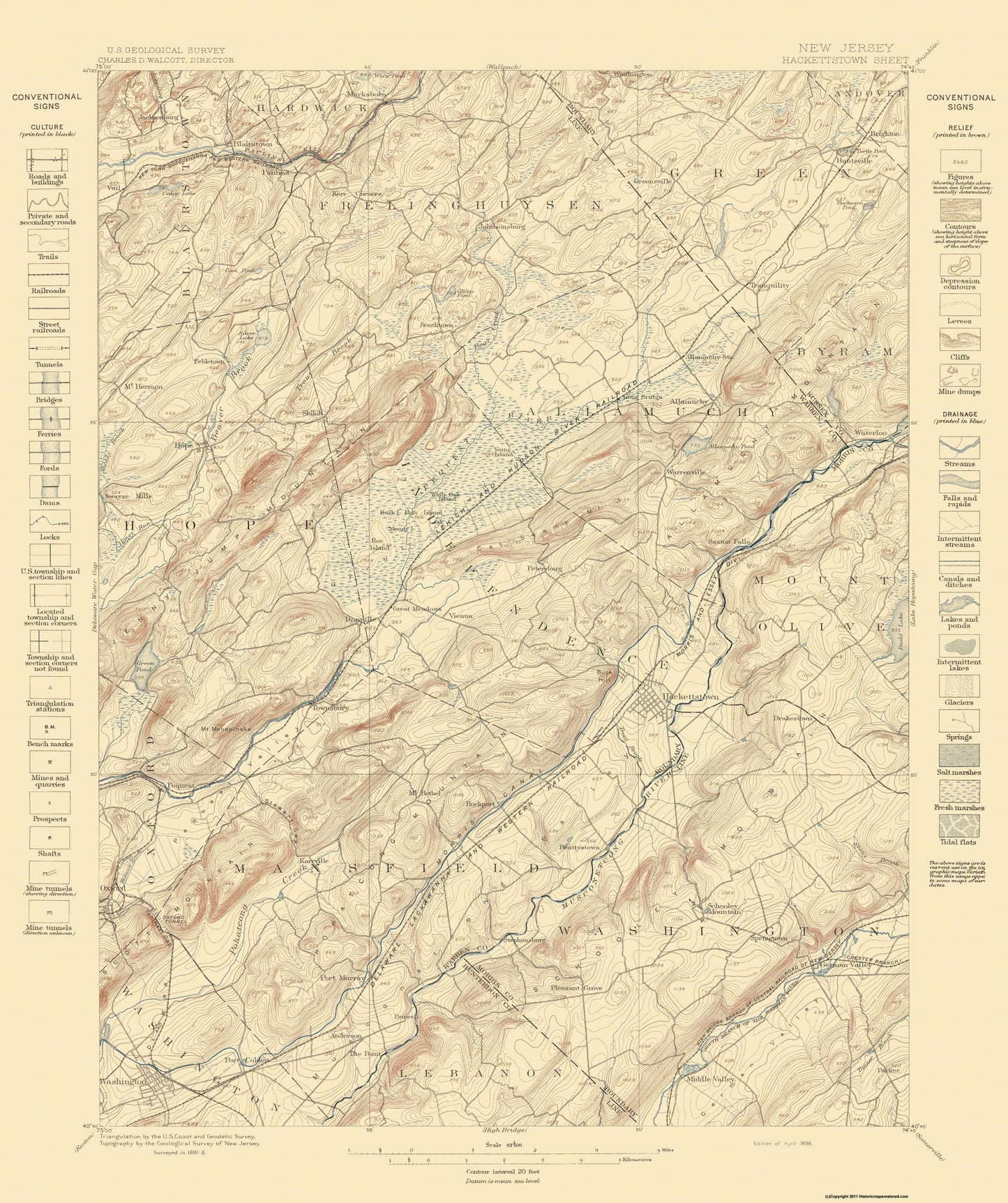 Topographical Map - Hackettstown New Jersey Sheet - USGS 1898 - 23 x 27.44 - Vintage Wall Art