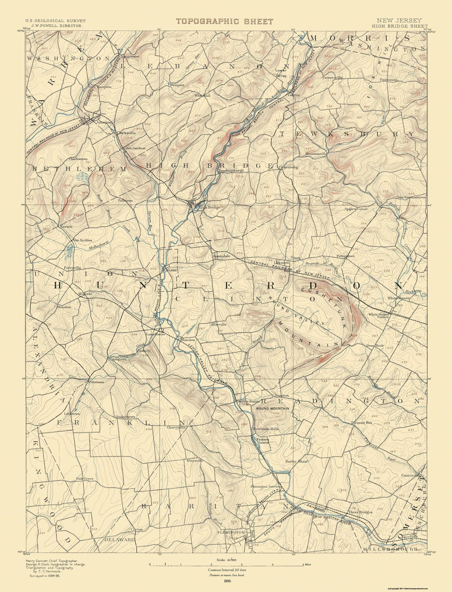 Topographical Map - High Bridge New Jersey Quad - USGS 1890 - 23 x 30.09 - Vintage Wall Art