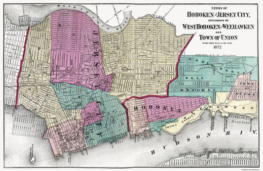 Historic City Map - Hoboken Jersey City New Jersey - Beers 1872 - 35.5 x 23 - Vintage Wall Art