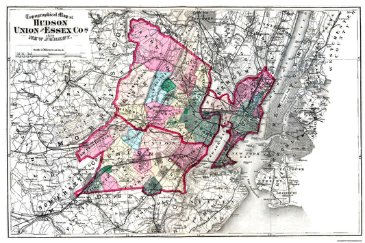 Historic County Map - Hudson Union Essex Counties New Jersey - Beers 1872 - 34.5 x 23 - Vintage Wall Art