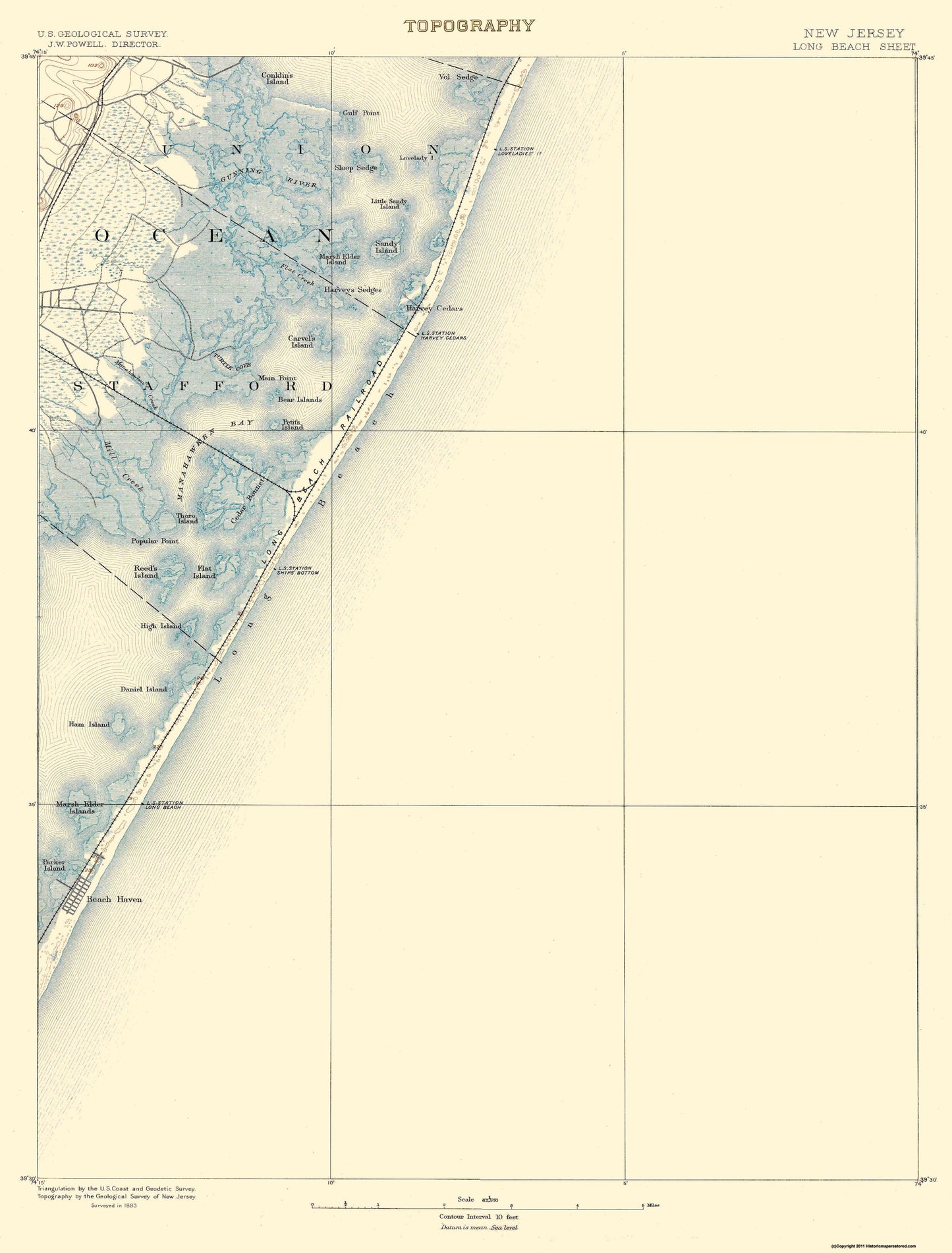 Topographical Map - Long Beach New Jersey Sheet - USGS 1883 - 23 x 30.25 - Vintage Wall Art