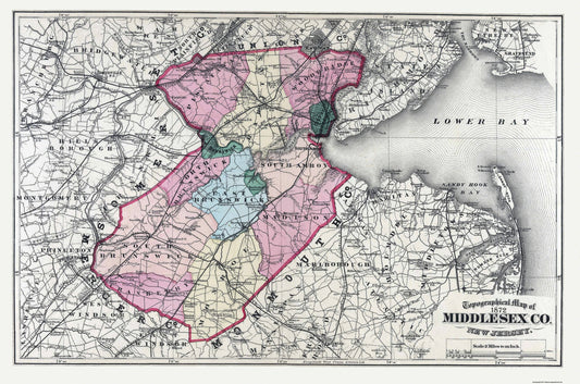 Historic County Map - Middlesex County New Jersey - Beers 1872 - 34.69 x 23 - Vintage Wall Art