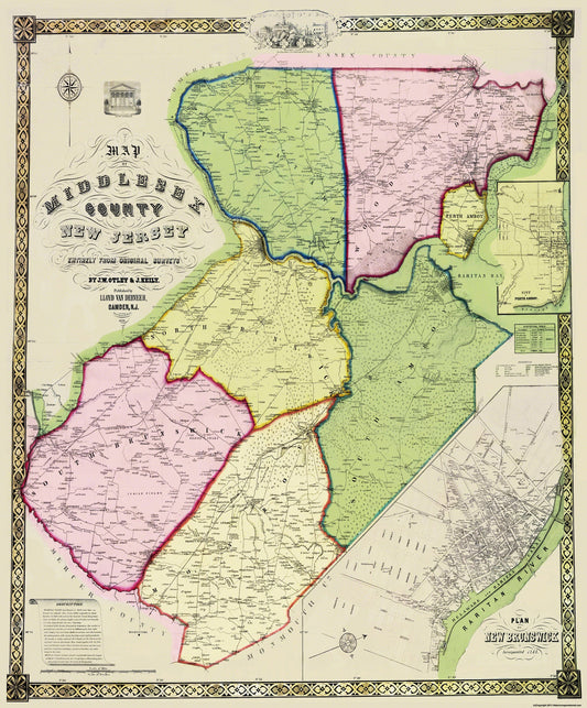 Historic County Map - Middlesex County New Jersey - Derveer 1850 - 23 x 27.75 - Vintage Wall Art