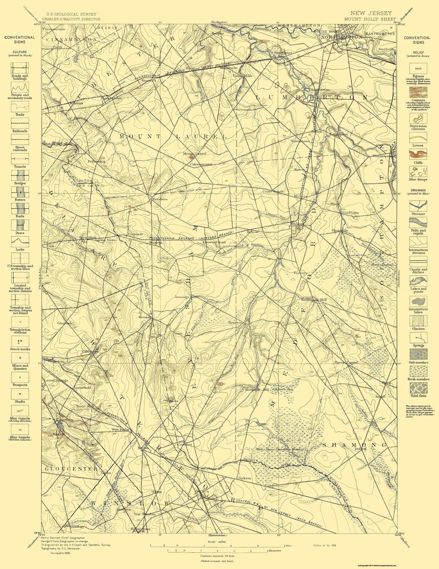 Topographical Map - Mt Holly New Jersey Quad - USGS 1898 - 23 x 29.77 - Vintage Wall Art