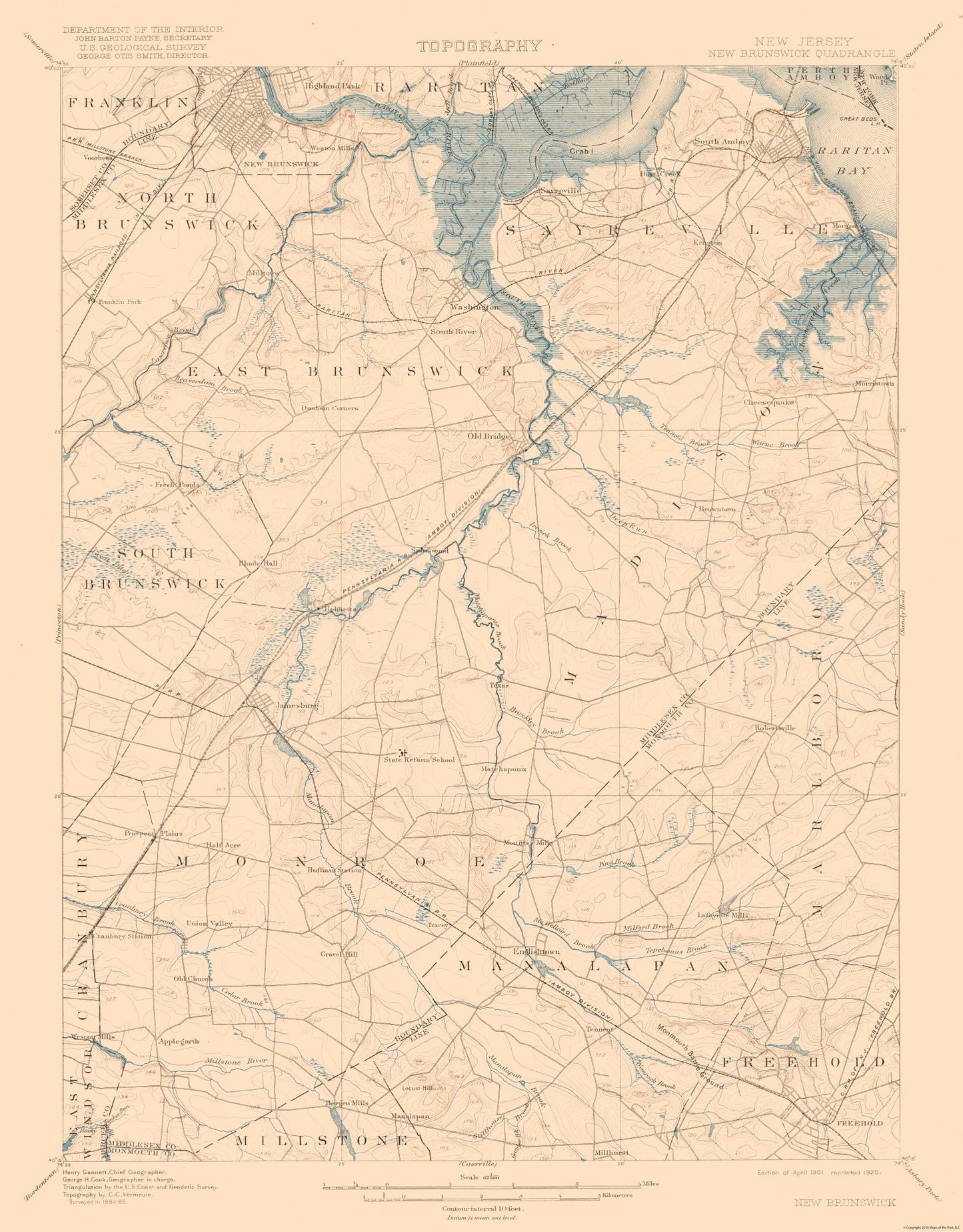 Topographical Map - New Brunswick New Jersey Quad - USGS 1901 - 23 x 29.39 - Vintage Wall Art