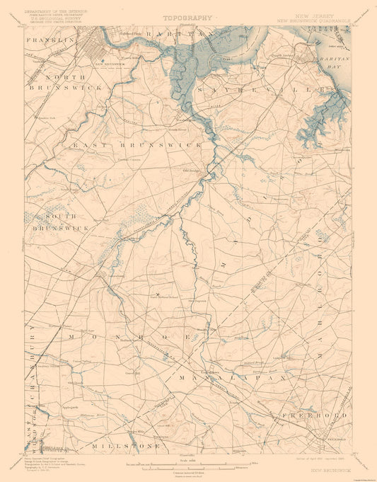 Topographical Map - New Brunswick New Jersey Quad - USGS 1901 - 23 x 29.39 - Vintage Wall Art