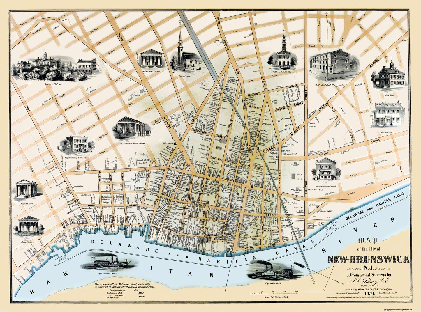 Historic City Map - New Brunswick New Jersey - Clark 1850 - 31 x 23 - Vintage Wall Art