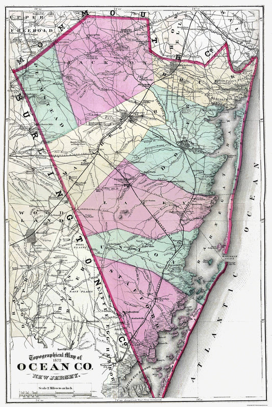 Historic County Map - Ocean County New Jersey - Beers 1872 - 23 x 34.38 - Vintage Wall Art