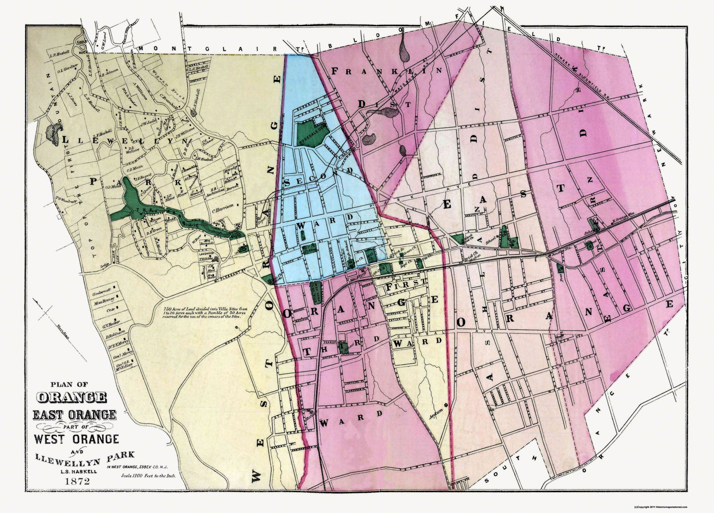 Historic City Map - Orange East West New Jersey - Haskell 1872 - 32 x 23 - Vintage Wall Art