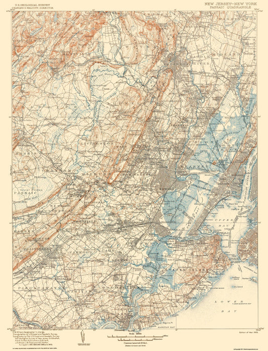 Topographical Map - Passaic New Jersey New York Quad - USGS 1905 - 23 x 30.18 - Vintage Wall Art