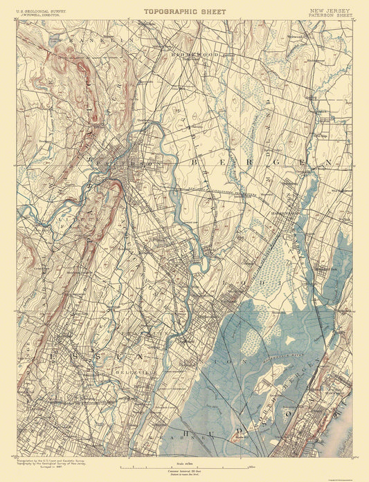 Topographical Map - Paterson New Jersey Quad - USGS 1887 - 23 x 30.10 - Vintage Wall Art