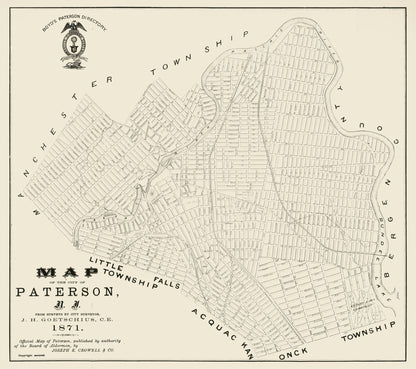 Historic City Map - Paterson New Jersey - Crowell 1871 - 25.91 x 23 - Vintage Wall Art