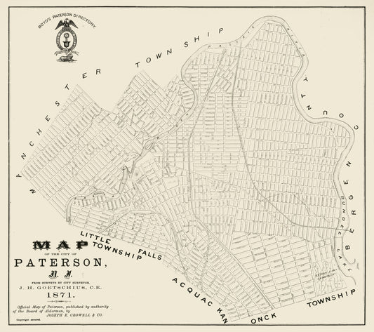 Historic City Map - Paterson New Jersey - Crowell 1871 - 25.91 x 23 - Vintage Wall Art