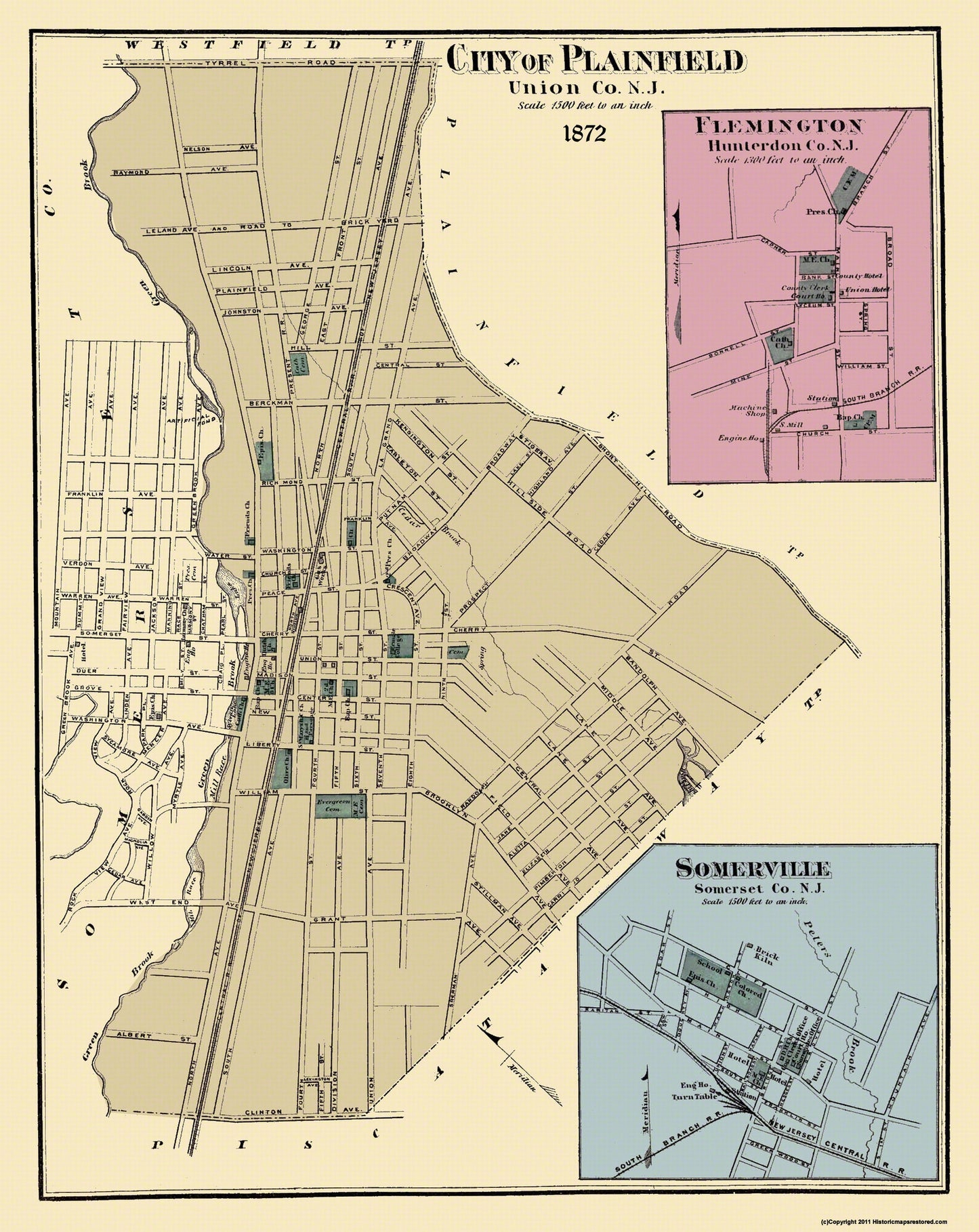 Historic City Map - Plainfield Flemington Somerville New Jersey - Beers 1872 - 23 x 28.94 - Vintage Wall Art