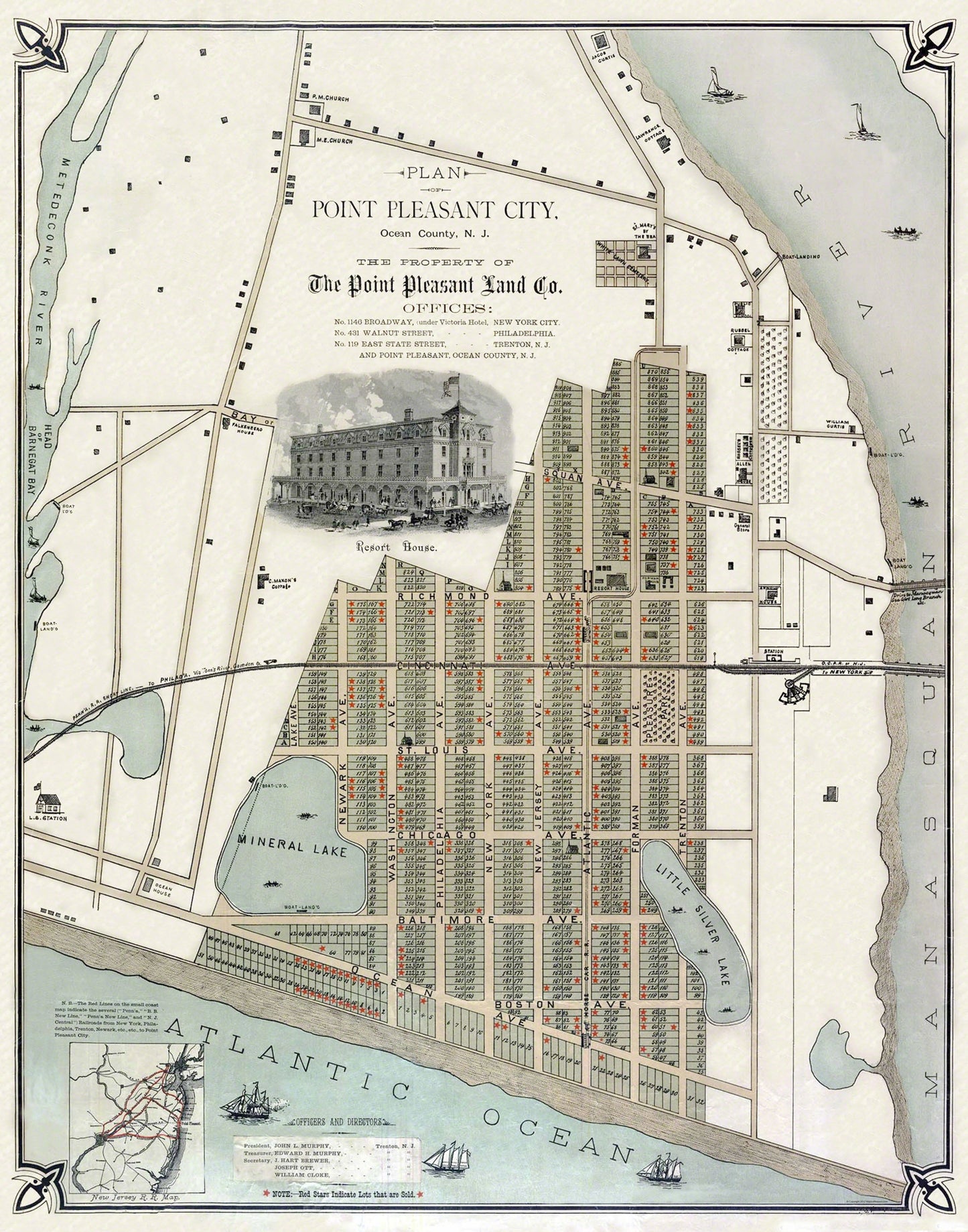 Historic City Map - Point Pleasant New Jersey - 1880 - 23 x 29.25 - Vintage Wall Art