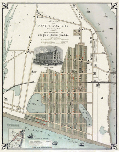 Historic City Map - Point Pleasant New Jersey - 1880 - 23 x 29.25 - Vintage Wall Art