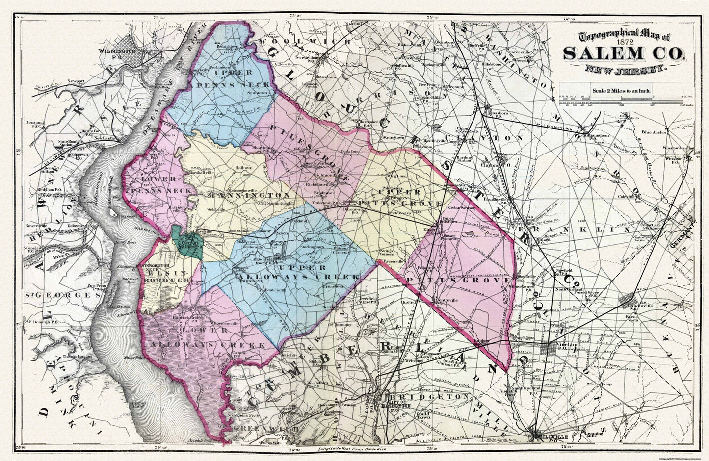 Historic County Map - Salem County New Jersey - Beers 1872 - 35.31 x 23 - Vintage Wall Art