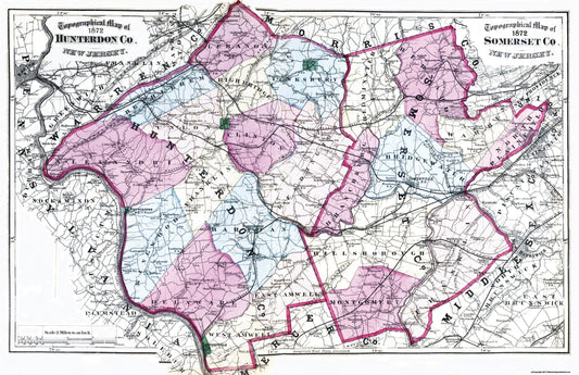 Historic County Map - Somerset Hunterdon Counties New Jersey - Beers 1872 - 35.56 x 23 - Vintage Wall Art