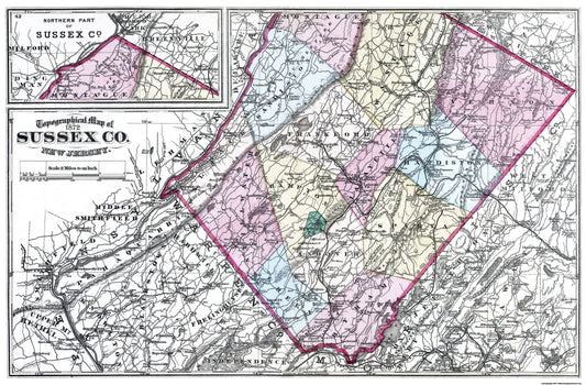 Historic County Map - Sussex County New Jersey - Beers 1872 - 35.06 x 23 - Vintage Wall Art