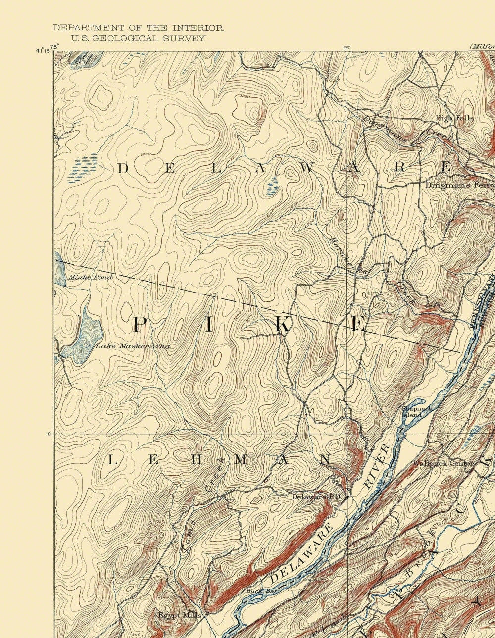 Topographical Map - Wallpack Pennsylvania New Jersey Quad - USGS 1893 - 23 x 29.64 - Vintage Wall Art