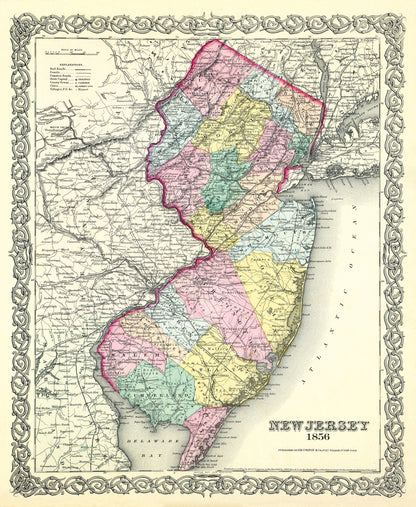 Historic State Map - New Jersey - Colton 1856 - 23 x 28 - Vintage Wall Art