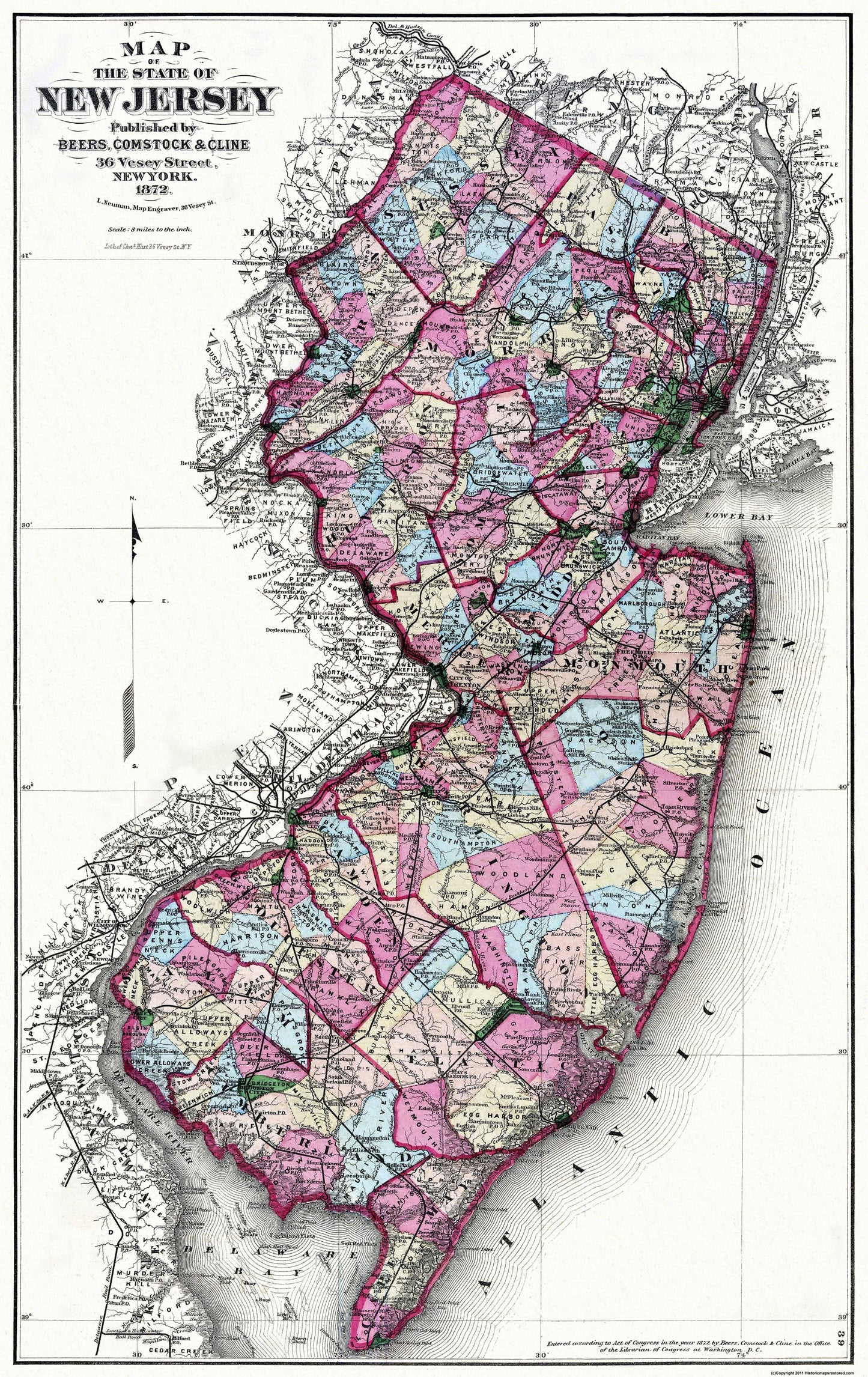 Historic State Map - New Jersey - Beers 1872 - 23 x 36.5 - Vintage Wall Art