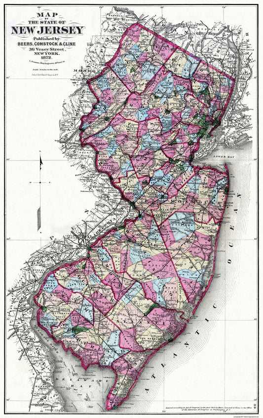 Historic State Map - New Jersey - Beers 1872 - 23 x 36.5 - Vintage Wall Art