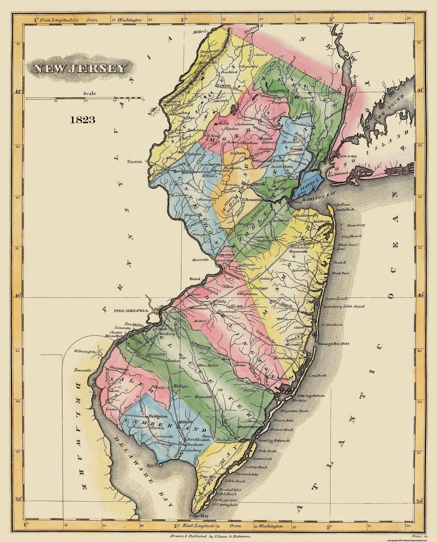 Historic State Map - New Jersey - Lucas 1823 - 23 x 28.5 - Vintage Wall Art