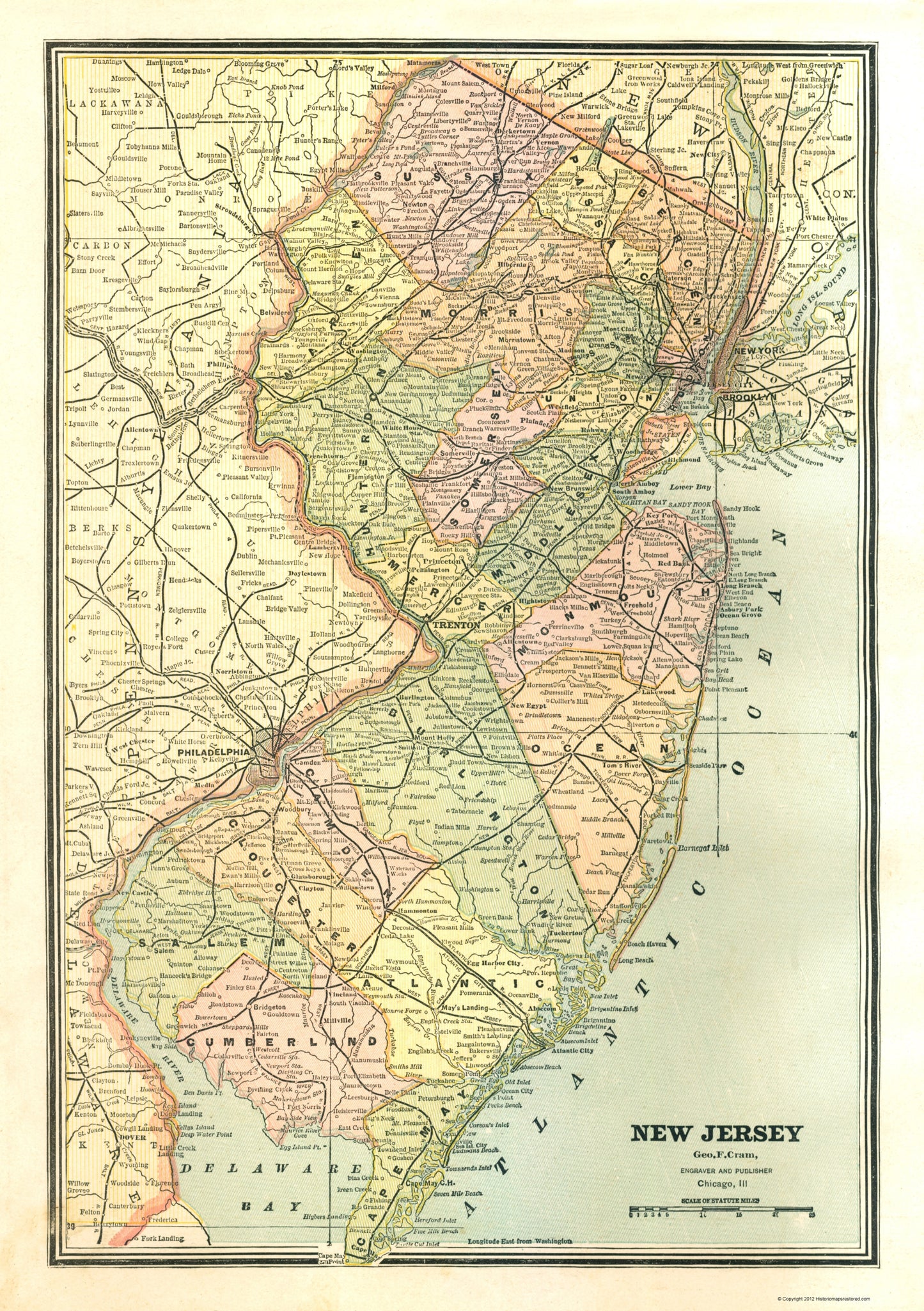 Historic State Map - New Jersey - Cram 1886 - 23 x 32.63 - Vintage Wall Art