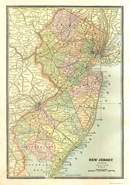 Historic State Map - New Jersey - Cram 1886 - 23 x 32.63 - Vintage Wall Art