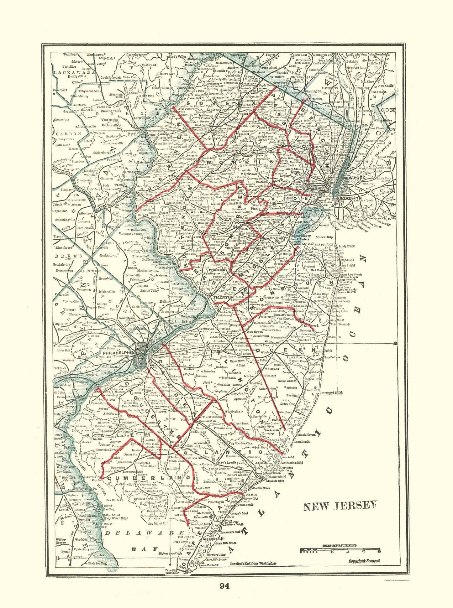 Historic State Map - New Jersey - Rathbun 1893 - 23 x 30.89 - Vintage Wall Art