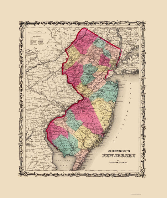 Historic State Map - New Jersey - Johnson 1860 - 23 x 27.32 - Vintage Wall Art