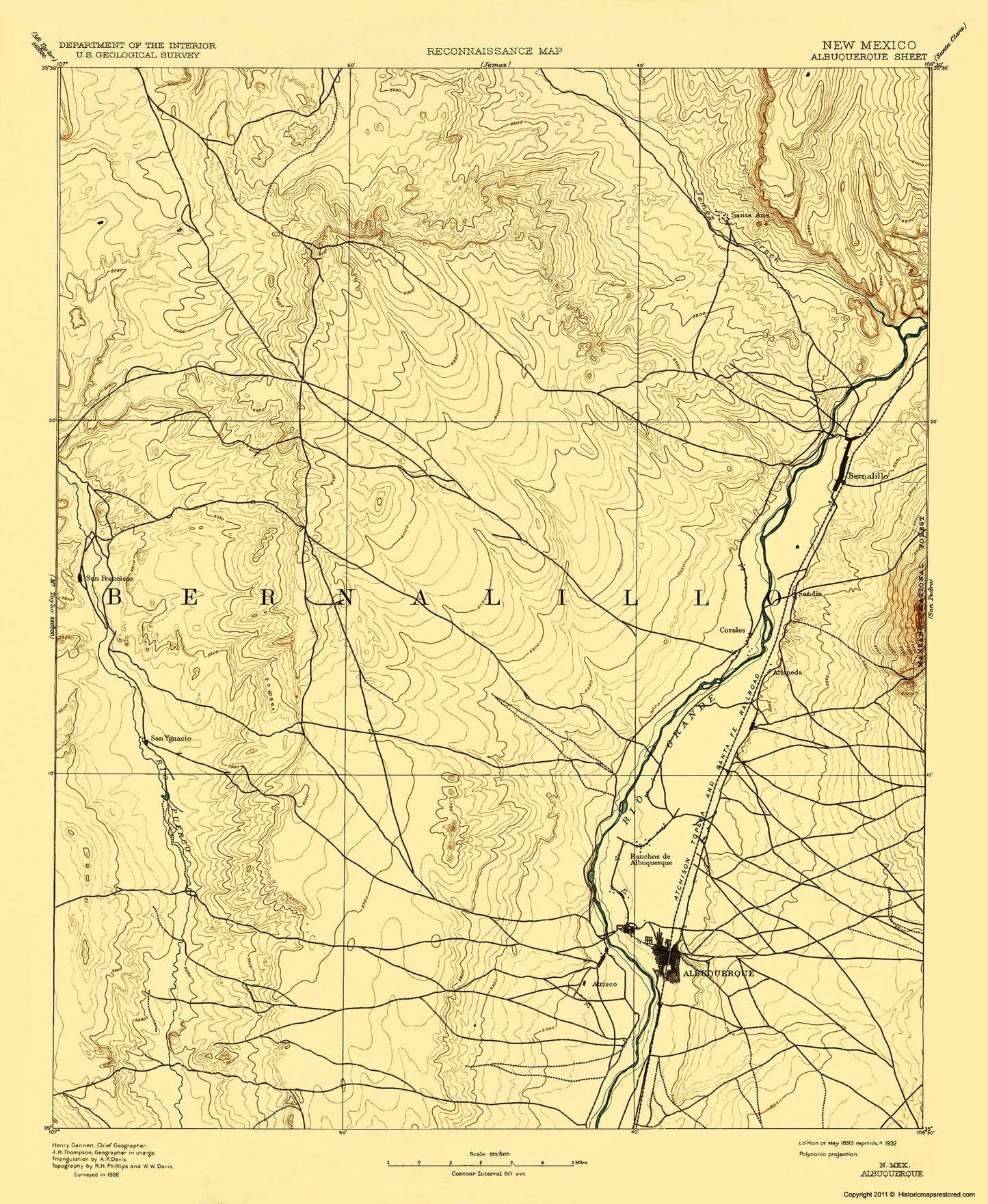 Topographical Map - Albuquerque New Mexico Sheet - USGS 1888 - 23 x 28.04 - Vintage Wall Art