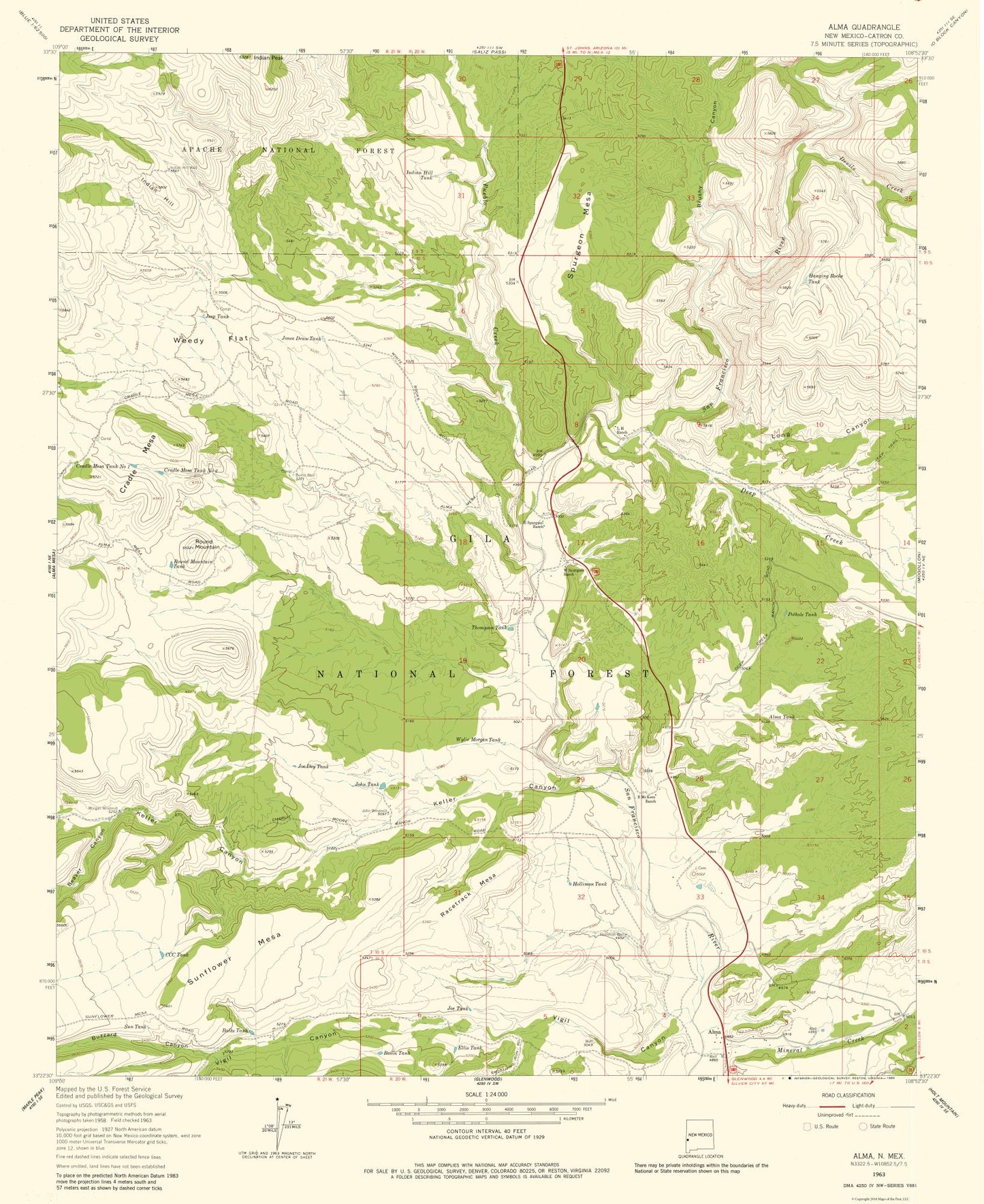 Topographical Map - Alma New Mexico Quad - USGS 1963 - 23 x 28.12 - Vintage Wall Art