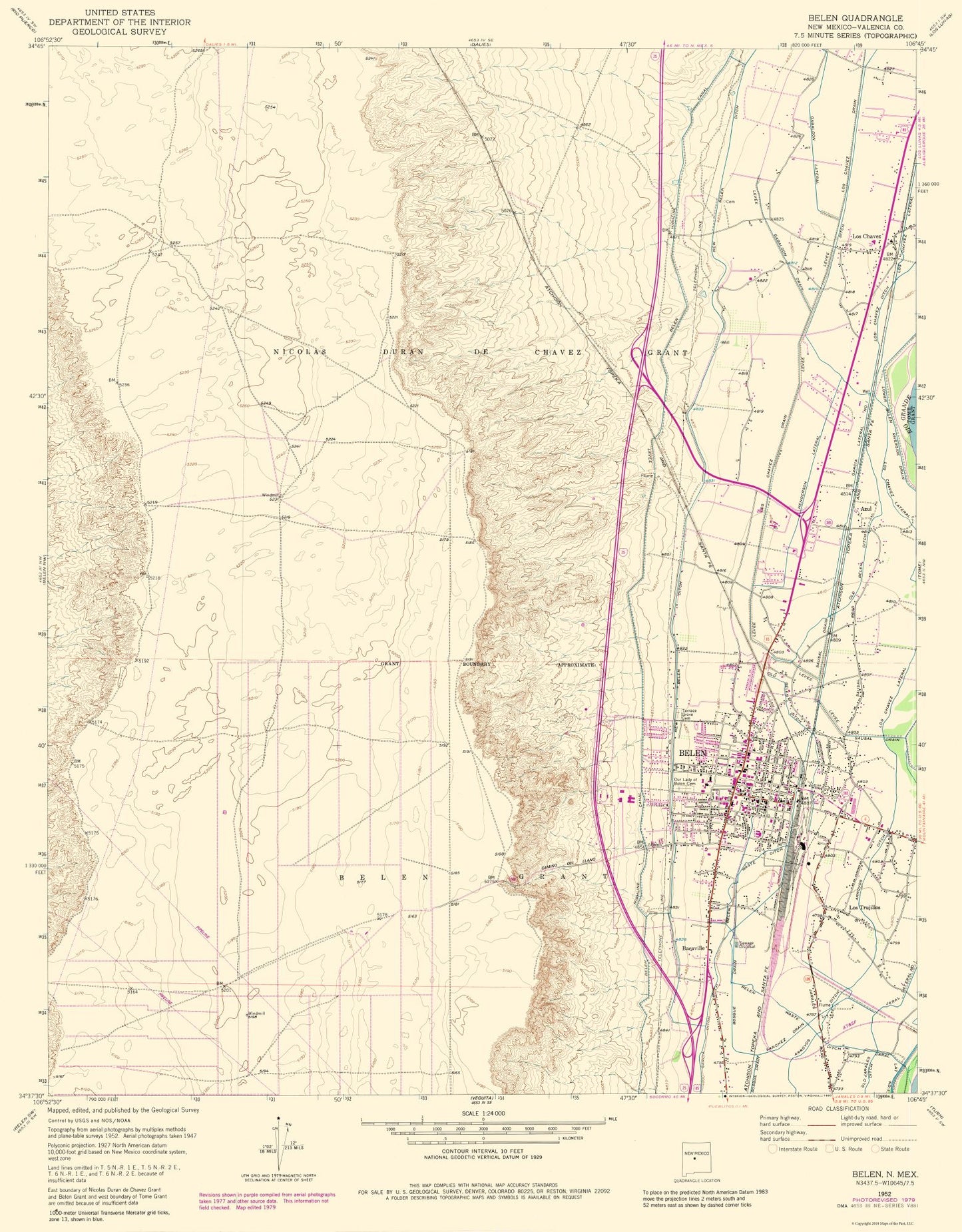 Topographical Map - Belen New Mexico Quad - USGS 1952 - 23 x 29.46 - Vintage Wall Art