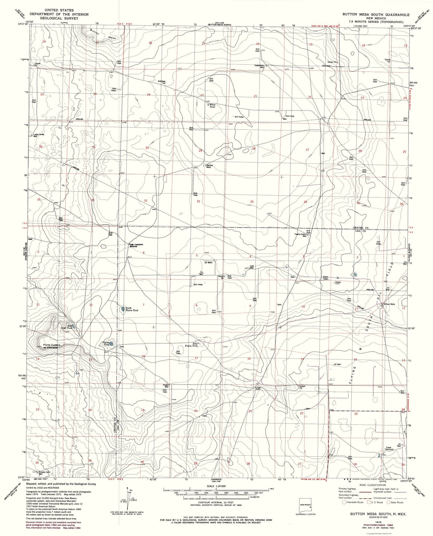 Topographical Map - South Button Mesa New Mexico Quad - USGS 1979 - 23 x 28.45 - Vintage Wall Art