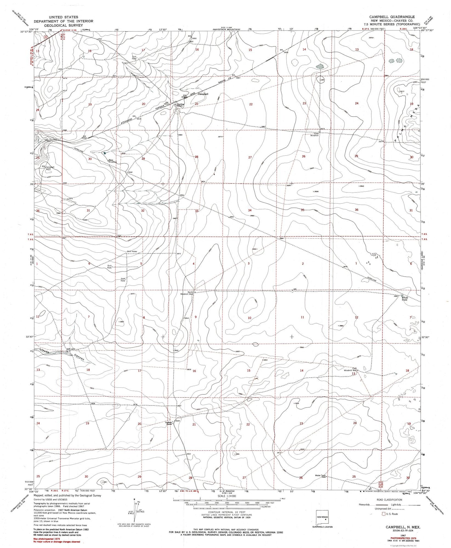 Topographical Map - Campbell New Mexico Quad - USGS 1967 - 23 x 27.96 - Vintage Wall Art