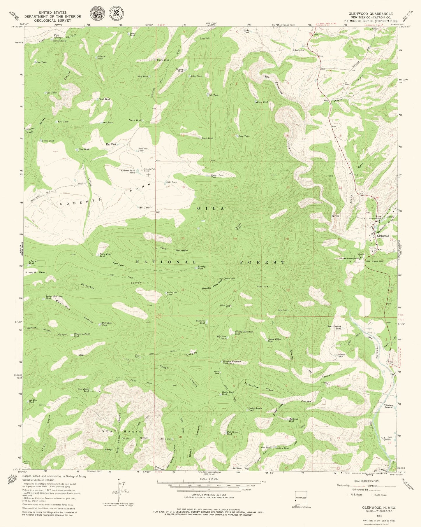 Topographical Map - Glenwood New Mexico Quad - USGS 1965 - 23 x 28.77 - Vintage Wall Art