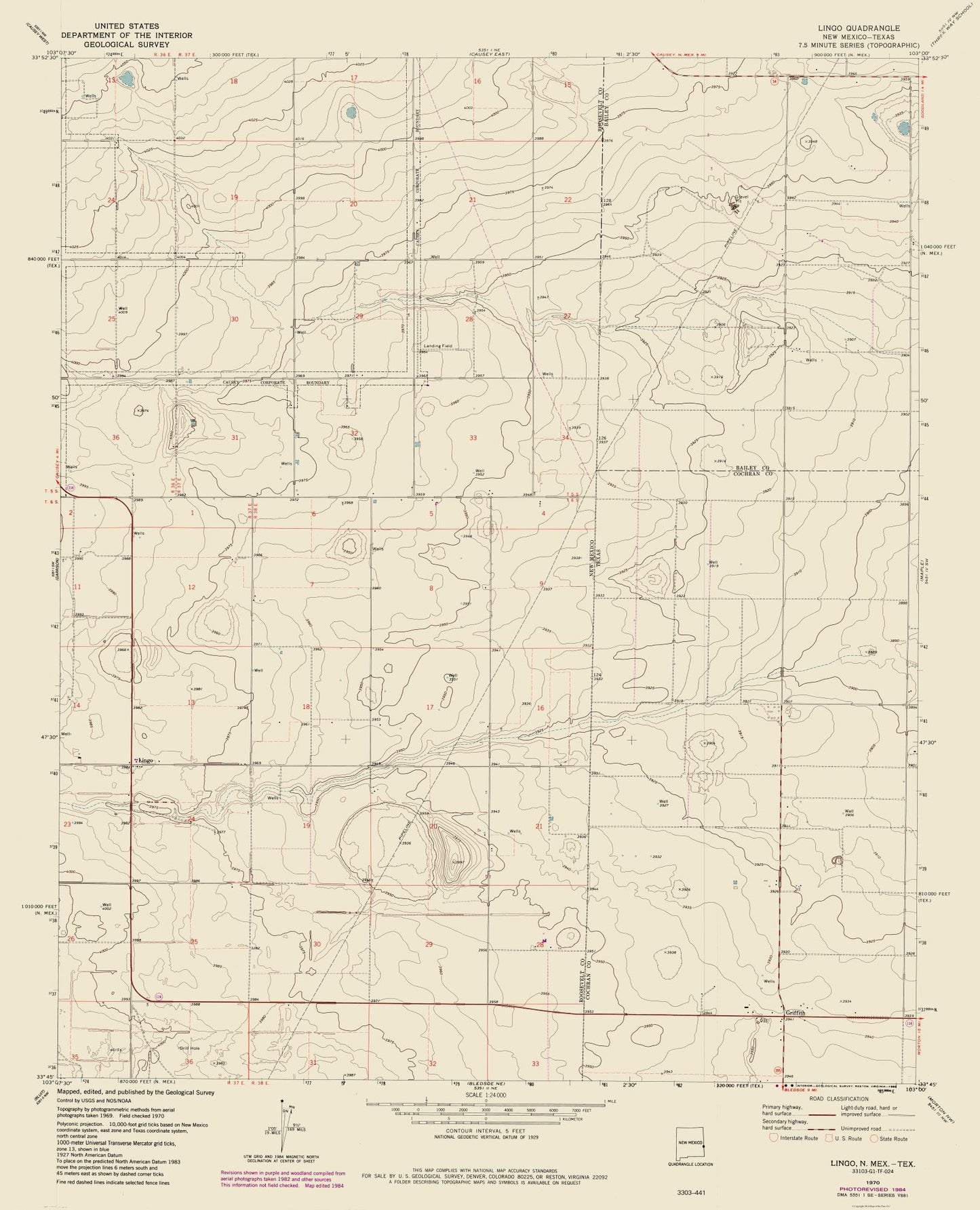 Topographical Map - Lingo New Mexico Quad - USGS 1970 - 23 x 28.42 - Vintage Wall Art