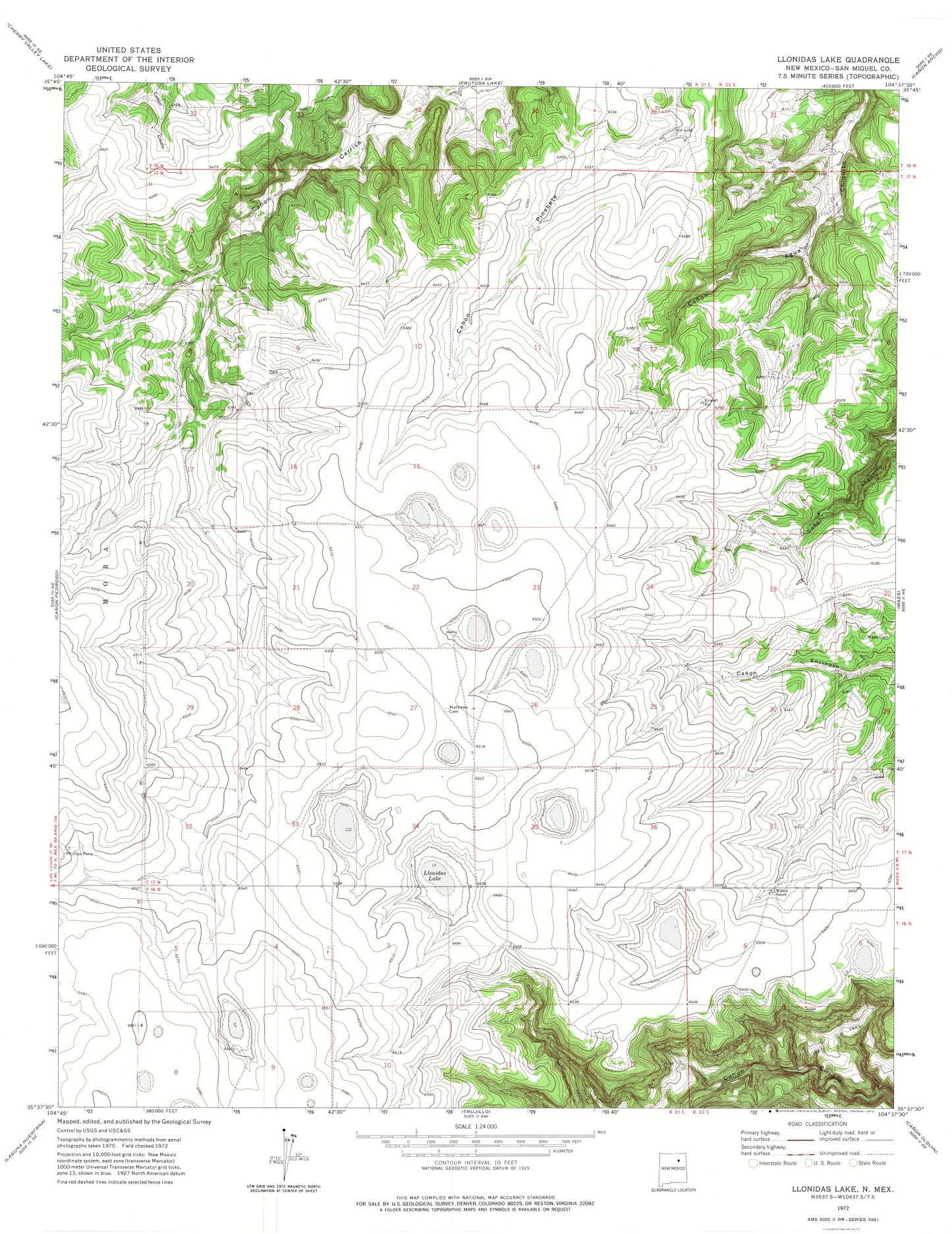 Topographical Map - Llonidas Lake New Mexico Quad - USGS 1972 - 23 x 29.78 - Vintage Wall Art